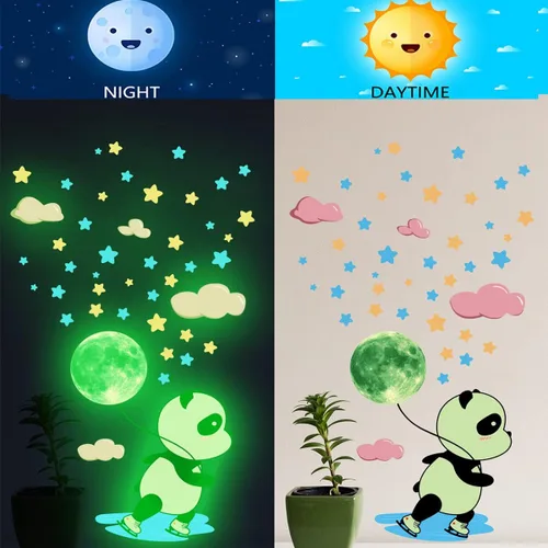 Vista 2 de Calcomanías de pared de panda que brillan en la oscuridad, 38 piezas de calcomanías fluorescentes de animales, estrellas, luna, nubes, niñas, bebés