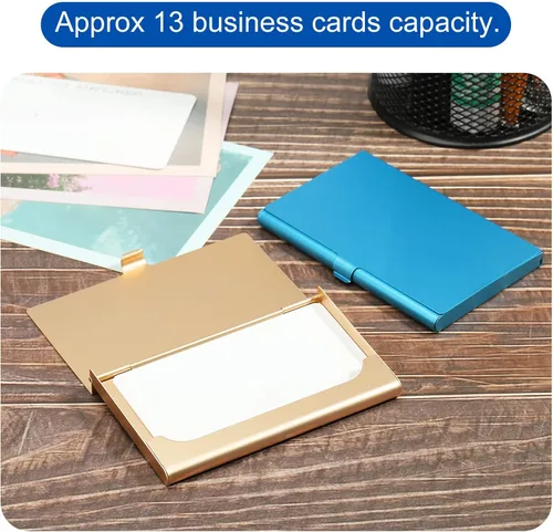Vista 6 de PATIKIL Portatarjetas de visita, 2 piezas de aleación de aluminio, funda delgada para tarjetas de nombre para mujeres y hombres, dorado, azul