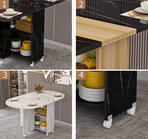 Vista 5 de LAKIQ Mesa de comedor plegable moderna con ruedas y estante de almacenamiento de 2 capas, mesa plegable de cocina rectangular con plomo para Beige