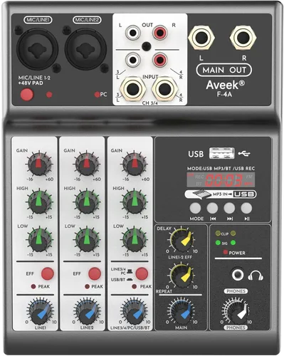 Vista 2 de Mezclador de audio profesional Aveek, consola de mezcla de placa de sonido con 4 canales digitales USB Bluetooth, efecto de eco y retardo, entrada