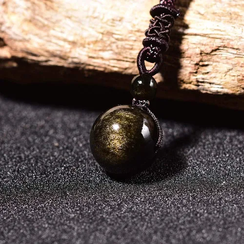 Vista 5 de Sinymilk Collar con dije de ónix de obsidiana de oro natural, cuentas de ojos de arco iris, Obsidiana dorada, Obsidiana