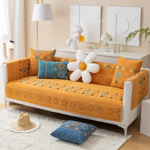 Vista 3 de Funda de sofá de chenilla para sofá modular, diseño geométrico bohemio y jacquard antideslizante, protector de muebles para niños, perros y Naranja