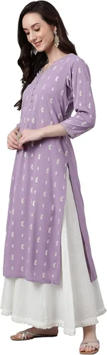 Vista 5 de Janasya Indian Lavender Crepe Foil Print Straight Kurta para mujer