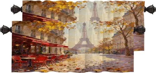 Vista 98 de Cortinas opacas de cocina con pintura al óleo de Europa rosa y negra para ventanas, cenefas opacas modernas de torre Eiffel de poliéster multicapa