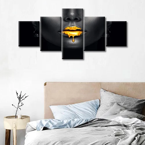 Vista 3 de Póster abstracto de labios de niña, cuadros dorados sobre lienzo, arte de pared, hermosos pósteres e impresiones en lienzo de 5 piezas, arte