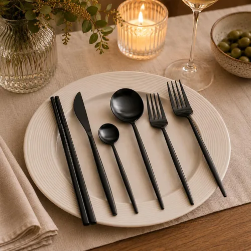 Vista 7 de KiiZYs Juego de cubiertos negro mate – Juego de cubiertos modernos de 14 piezas de acero inoxidable – Palillos de metal para cocina, tenedor