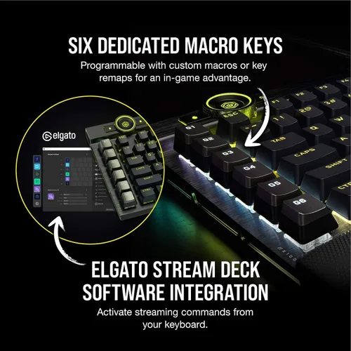Vista 8 de Corsair Teclado mecánico óptico K100 RGB para juegos - Corsair OPX RGB - Teclas ópticas y mecánicas - Tecnología AXON de hiperprocesamiento para un