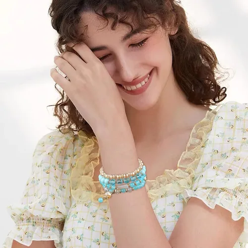 Vista 7 de Juego de aretes de joyería para mujer, pulseras apilables con cuentas para mujer, pulseras elásticas multicapa, joyería multicolor