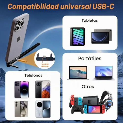 Vista 8 de 2 cargadores de teléfono laterales con 5 bridas de silicona para cables, cable de carga invisible de 240 W con soporte de metal ajustable de 360°