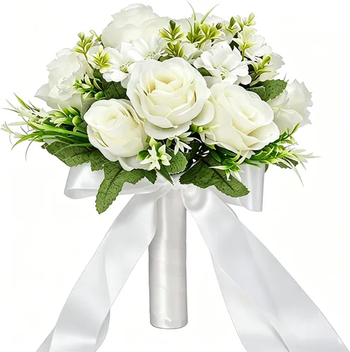 Vista 11 de CYANLUX Ramos de Bodas para Novia y Dama de Honor, Ramos de Champán, Rosas Artificiales Blancas para Bodas, San Valentín, Iglesia, Decoración