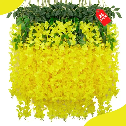 Vista 45 de Paquete de 12 flores colgantes de glicina rosa, flores colgantes falsas de 3.44 pies, guirnalda de glicina artificial para decoración de boda, telón
