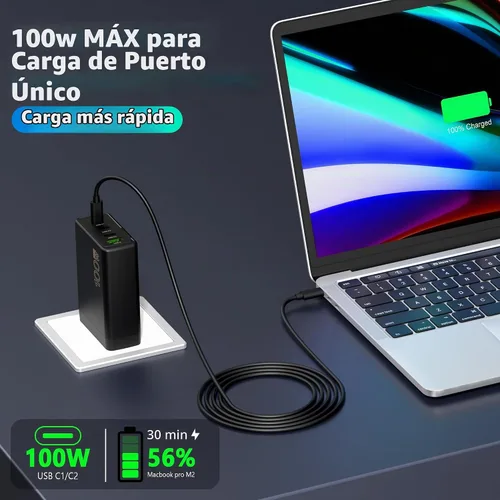Vista 5 de Bloque de cargador USB C de 100 W, cargador rápido GaN de 4 puertos compatible con MacBook Pro, MacBook Air, Google Pixelbook, ThinkPad, Dell XPS