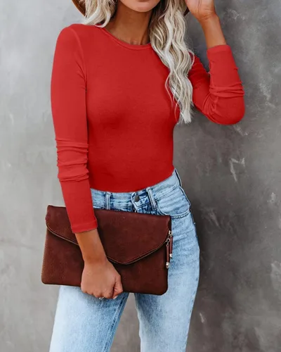 Vista 7 de VICHYIE Ropa de otoño para mujer, cuello redondo, acanalada, manga larga, ajustada, camiseta básica casual