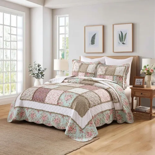 Vista 2 de ABREEZE Juego de edredón acolchado de algodón con diseño de retazos florales y rosas azules, juego de colcha rústica de 3 piezas