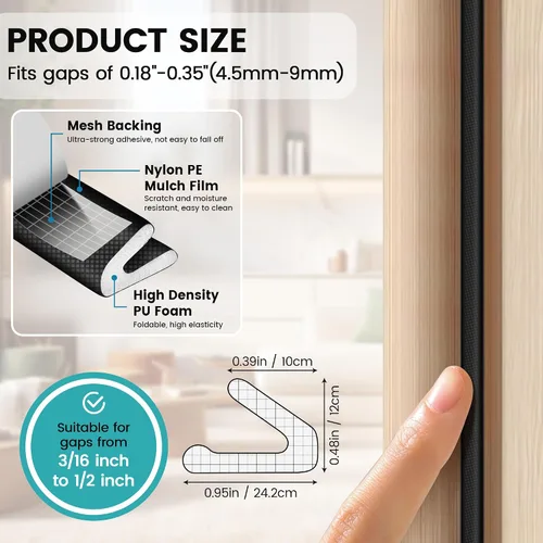 Vista 2 de Tira de sellado de puerta con burlete en forma de V de 40 pies – Cinta de espuma autoadhesiva para puertas y ventanas, bloqueador de corrientes