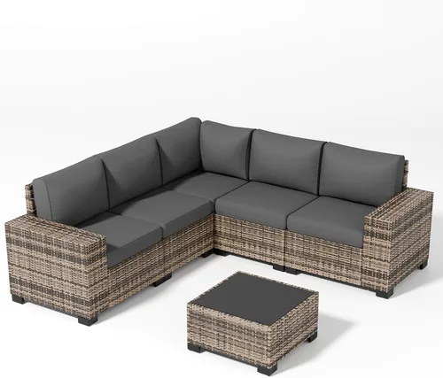 Vista 7 de Juego de muebles de patio, sofá modular de 6 piezas para exteriores con Amarillo-gris oscuro