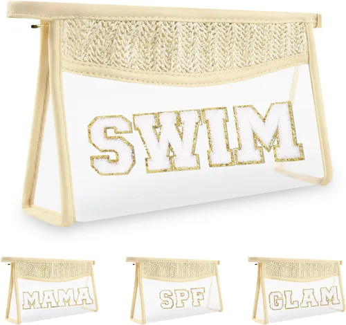 Vista 10 de Iqimott 2 bolsas de maquillaje con parches transparentes, bolsa de letras boho para nadar en la playa, bolsas de maquillaje impermeables
