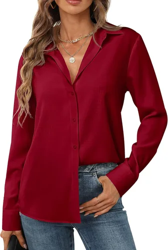 Vista 3 de Camisas básicas clásicas con botones para mujer, camisa suave con cuello de manga larga, elegante, casual, color liso, XS-XXL