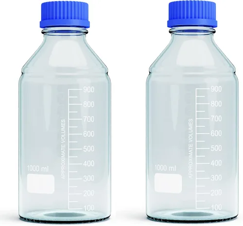 Vista 10 de Botellas de vidrio de borosilicato - 2 botellas redondas de almacenamiento de medios - 8.5 fl oz con tapa de rosca azul GL45