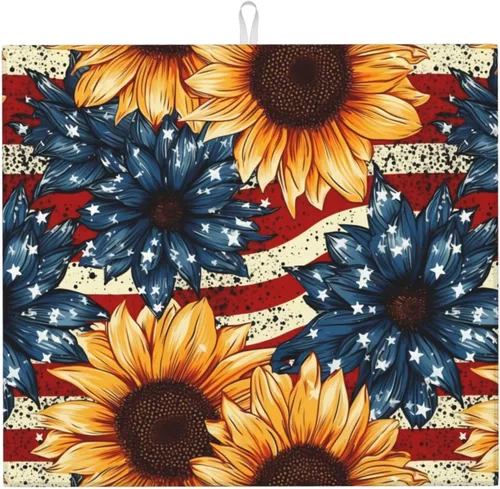 Vista 18 de Tapete de secado de platos de estilo azul amarillo de 18 x 16 pulgadas para encimeras, almohadilla escurridor de platos Blue Sky con lazo