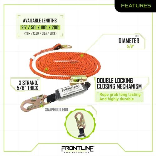 Vista 3 de Frontline VLP25R3L Premium - Línea de vida vertical con agarre de cuerda que se abre de 25 pies y paquete de choque, cuerda de alta resistencia