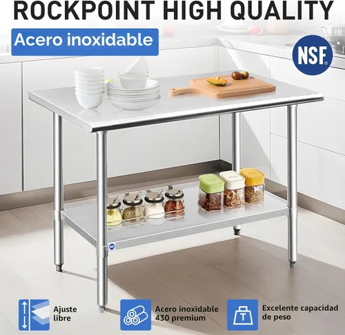 Vista 3 de ROCKPOINT Mesa de acero inoxidable para preparación y trabajo, 14x24 pulgadas; mesa de cocina comercial de metal NSF resistente con estante inferior