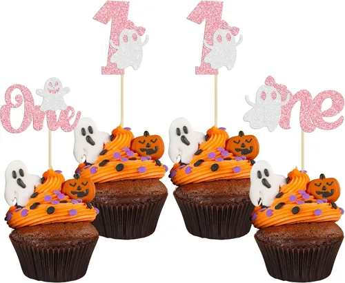 Vista 20 de Gyufise 24 adornos para cupcakes de Halloween con calabaza, fantasma, purpurina negra, decoraciones para cupcakes para niños, decoración de fiesta