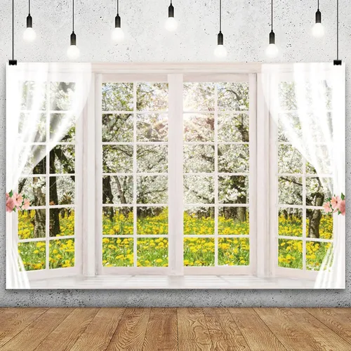 Vista 11 de YongFoto Telón de fondo de ventana de primavera de 5 x 3 pies, girasol amarillo, valla de madera rústica, campo, jardín, naturaleza, paisaje, niña