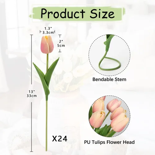 Vista 2 de 24 tulipanes rosas – Flores artificiales – Tulipanes artificiales de 13.5 pulgadas para el día de la madre, jarrón, centros de mesa, hogar, ramo