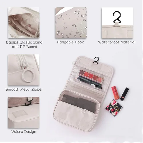 Vista 5 de Neceser colgante, organizador de viaje de gran capacidad para artículos de tocador, tela Oxford impermeable, bolsa de cosméticos de viaje con gancho