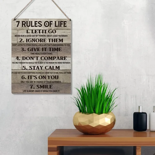 Vista 3 de Qious Letreros de Regalo Inspiradores 7 Reglas de la Vida Déjalo Ir Ignóralos Dale Tiempo No Compares Mantente Tranquilo Letrero Colgante de Madera