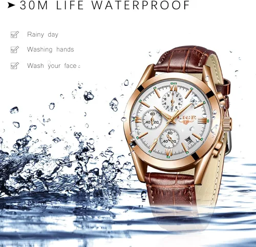 Vista 7 de LIGE Reloj analógico de cuero para hombre, reloj de pulsera de cuarzo, para citas, negocios, casual, impermeable, reloj deportivo, color negro