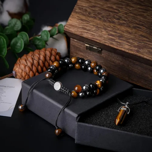Vista 5 de Pulsera Hecha a Mano de Triple Protección 10mm de Hematita Obsidiana Negra Ojo de Tigre con Piedras de Cristal de Curación para Hombres y Mujeres