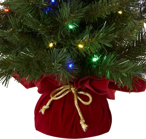Vista 3 de National Tree CompanyMini árbol de Navidad Artificial Pre-LIT 35 luces multicolor, 71 puntas, base de tela roja, temporizador, verde