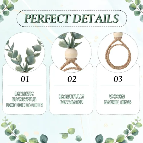 Vista 3 de 24 servilletas de eucalipto y servilletas de tela de madera de granja, diseño de hojas rústicas para decoración de mesa de boda y Pascua
