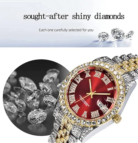 Vista 6 de Relojes de hip hop para hombre, relojes de cuarzo de lujo con diamantes brillantes con fecha