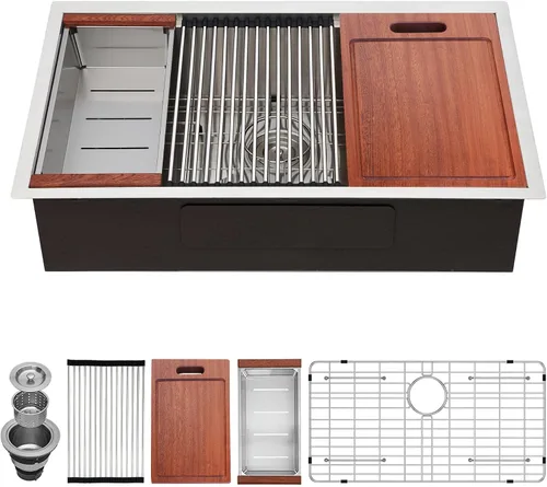 Vista 2 de Fregadero de cocina moderno con estación de trabajo de calibre 18 de 30 pulgadas, fregadero de cocina R10 de acero inoxidable de radio ajustado