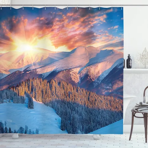 Vista 156 de Ambesonne Decor Collection, juego de cortina con ganchos para regadera Amarillo y marrón