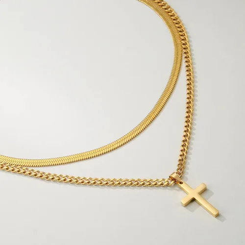 Vista 4 de Collar de cruz para hombres y niños, de acero inoxidable en capas, cadena de espiga cubana, colgante de cruz religiosa, joyería de moda, regalos