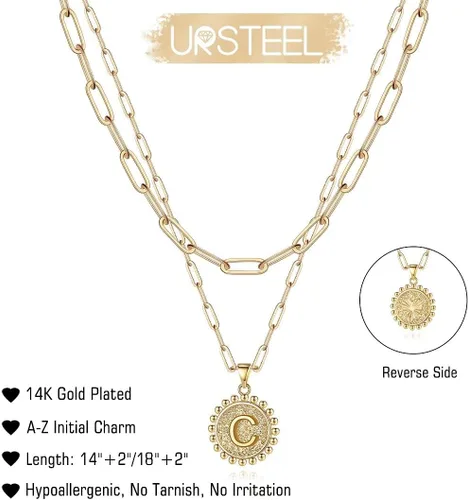 Vista 5 de Gargantilla en capas para mujer, chapada en oro de 14 quilates, cadena fina de eslabones, collar sencillo, ajustable, con dije de moneda con letra