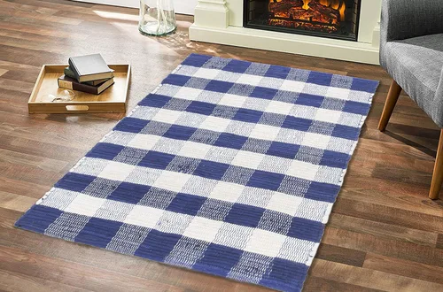 Vista 2 de GLAMBURG Alfombra de cuadros de búfalo de algodón lavable, tapete de bienvenida a cuadros tejida a mano 18x30 para cocina, baño, porche, lavandería
