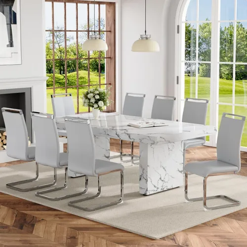 Vista 17 de Ebullient - Juego de mesa de comedor de mármol de 79 pulgadas para 6, mesa con patrón de mármol blanco de 3.5 pulgadas con base de MDF estable