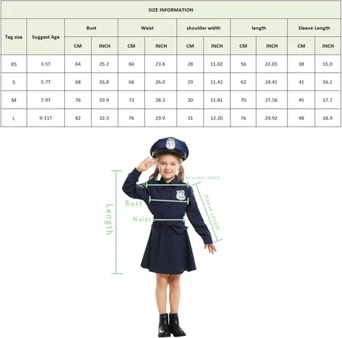 Vista 7 de AGQT Disfraz de oficial de policía para niñas, Halloween, cosplay, talla 6-14T