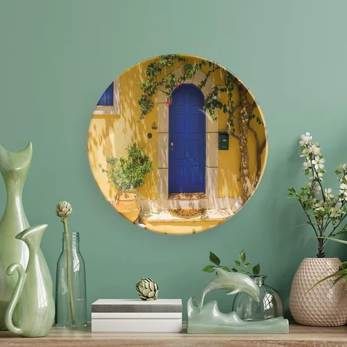 Vista 5 de Plato decorativo de 8 pulgadas, placa de porcelana amarilla y azul, placa de exhibición tradicional griega para puerta de casa griega para cenas