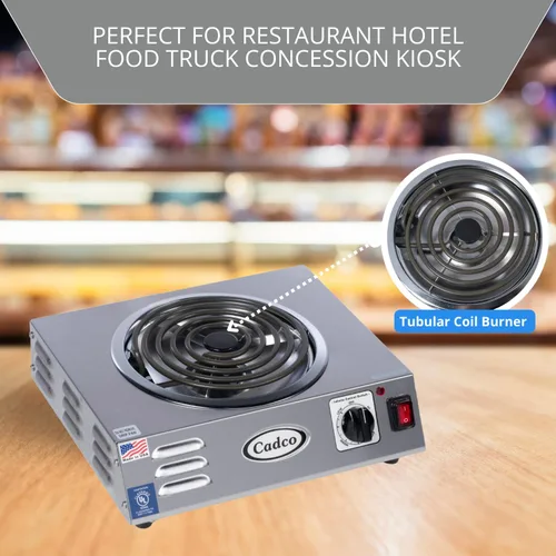 Vista 5 de Cadco CSR-3T - Placa caliente eléctrica portátil de 14" para encimera de alta potencia con un quemador tubular para restaurante, hotel, camión