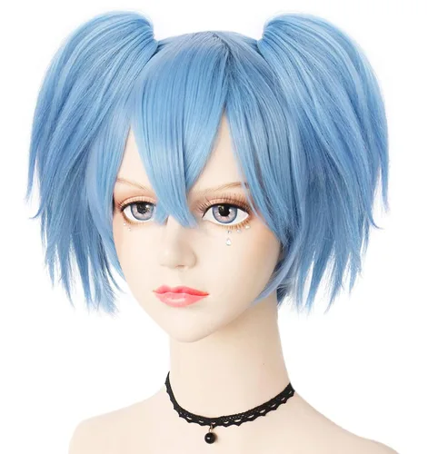 Vista 2 de Anogol Gorro de pelo + peluca Nagisa Shiota Cosplay azul peluca con colas de caballo dobles peluca corta azul anime peluca para hombres, mujeres