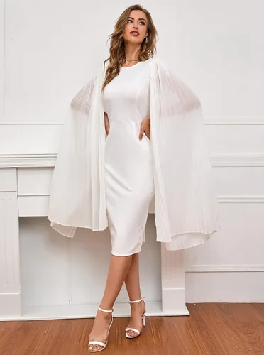 Vista 4 de IWFEV Vestido midi sin mangas liso de manga larga con cuello redondo y patchwork a media pierna para mujer