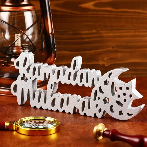 Vista 9 de Queekay Ramadan Kareem Decoraciones para el hogar, Ramadán Kareem decoración de mesa 9.84 x 3.74 pulgadas, letrero Mubarak de madera, centro