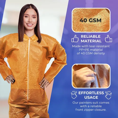 Vista 3 de AMZ Medical Supply Overol desechable naranja para hombres/mujeres, grande. Traje de material peligroso desechable. Overol transpirable de PP+PE