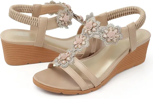 Vista 6 de SHIBEVER Sandalias de cuña para mujer: sandalias de cuña con correa elástica en el tobillo y puntera abierta, sandalias elegantes para mujer